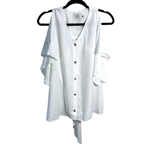 lorane Womens Designer Cold Shoulder Button Up Butterfly Sleeve Ivory Size Med - Picture 1 of 9